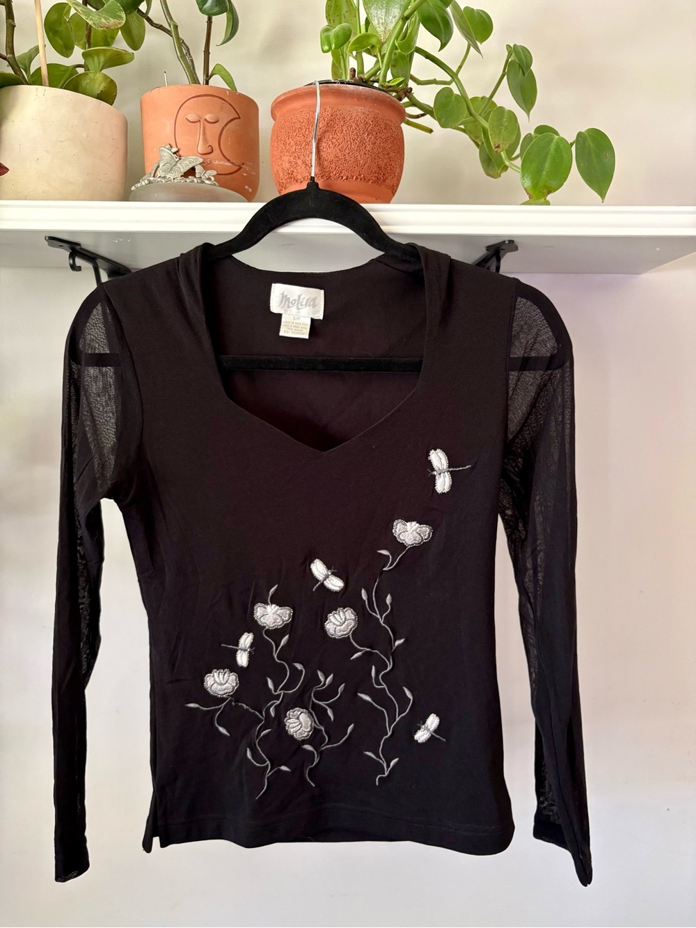 Moth Black Long-Sleeve V-Neck Top with White Floral & Dragonfly Embroidery